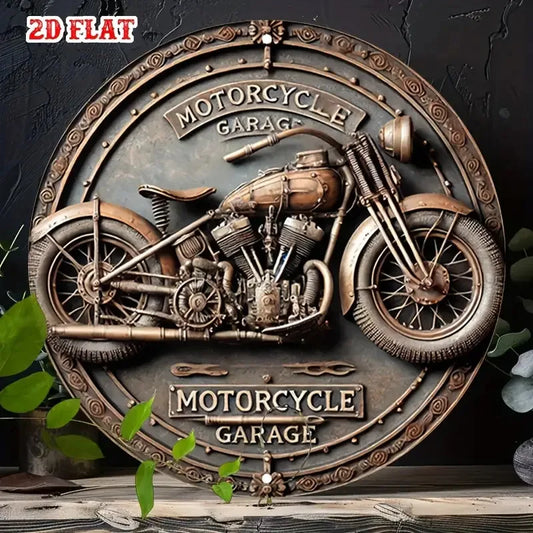 [2D Flat] Vintage Motorcycle Garage Round Aluminum Sign -Retro Metal Wall Decor, 7.8x7.8 inch