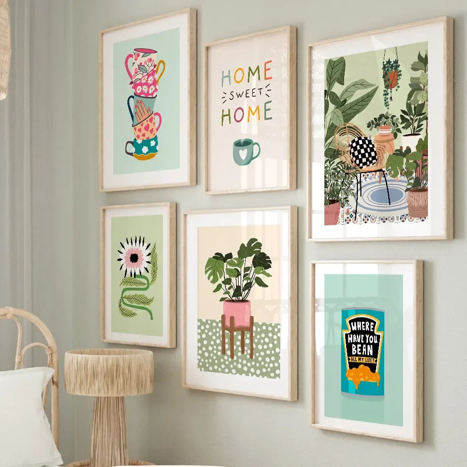 Plantes Tropicales Vase Marguerite Pizza Tasse à Café Nourriture Posters Abstraits Impressions Murales sur Toile Photos Décoration Bohème pour Cuisine et Salon