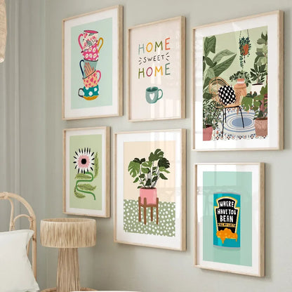 Plantes Tropicales Vase Marguerite Pizza Tasse à Café Nourriture Posters Abstraits Impressions Murales sur Toile Photos Décoration Bohème pour Cuisine et Salon