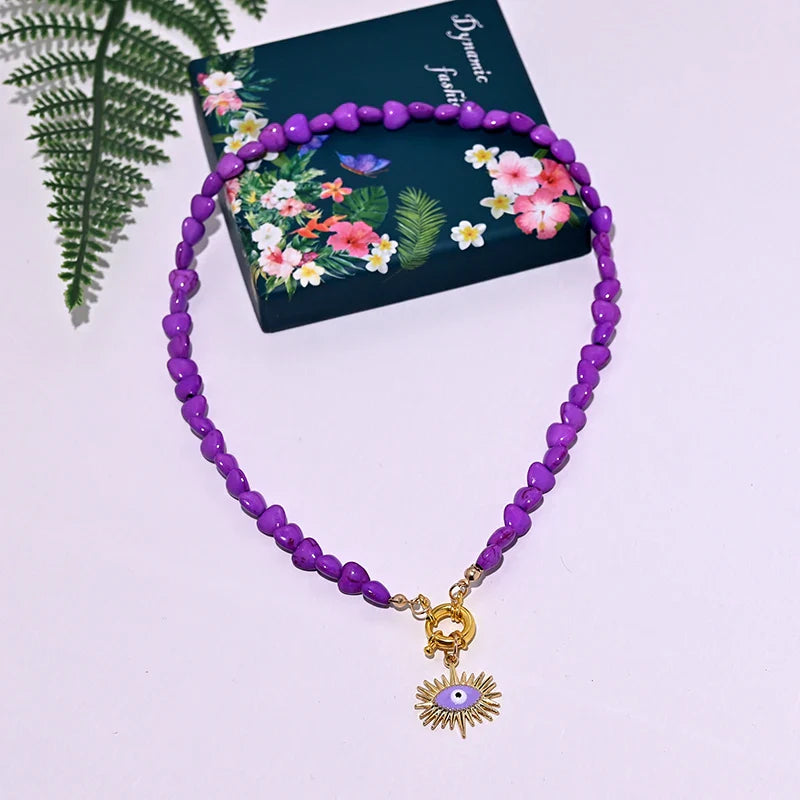 Heart Choker Necklace with Colorful Beads | Bohemian Eye Pendant Set for Women