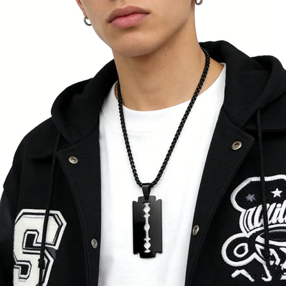Gothic Blade Razor Pendant Necklace | Stainless Steel Black Goth Men's Chain