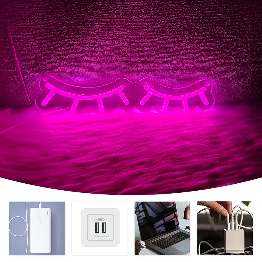Enseigne au néon LED Cils Roses, Idéale pour la décoration de salon de cils, Lampe murale artistique pour dressing et salon de beauté, Alimentée par USB.