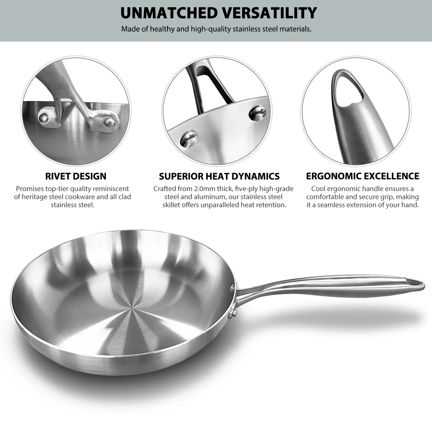 Poêle à frire en acier inoxydable 304, antiadhésive, pour la cuisson des steaks, casserole de cuisine sans revêtement pour cuisinière à gaz et cuisinière à induction