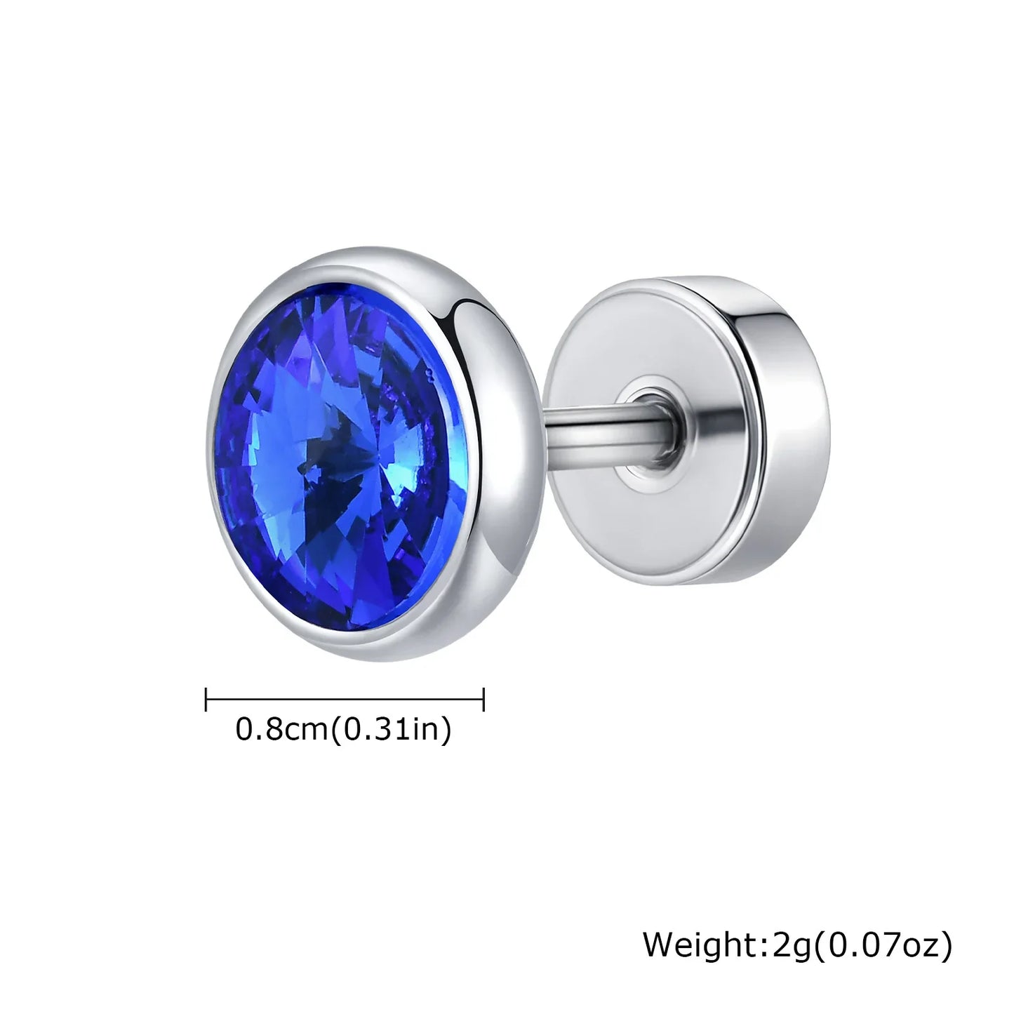 8mm Stainless Steel Screw Back Earrings for Men | Faceted Zircon Studs