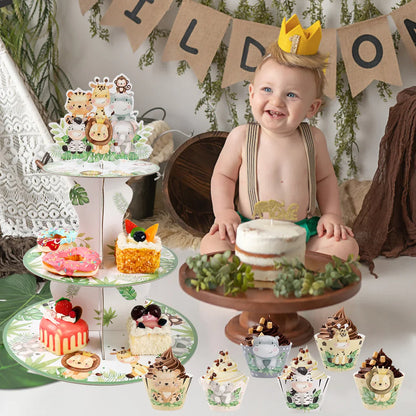 Soporte para cupcakes de animales de la selva, safari, baby shower, decoraciones de fiesta de cumpleaños, soporte para cupcakes, artículos de fiesta salvajes para niños
