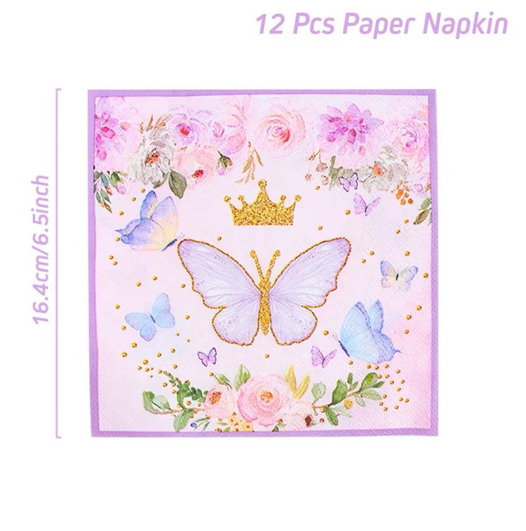 Vaisselle jetable Papillon Violet Serviette Papillon Décoration de Fête d'Anniversaire Fille Baby Shower Baptême Révélation de Genre Fournitures