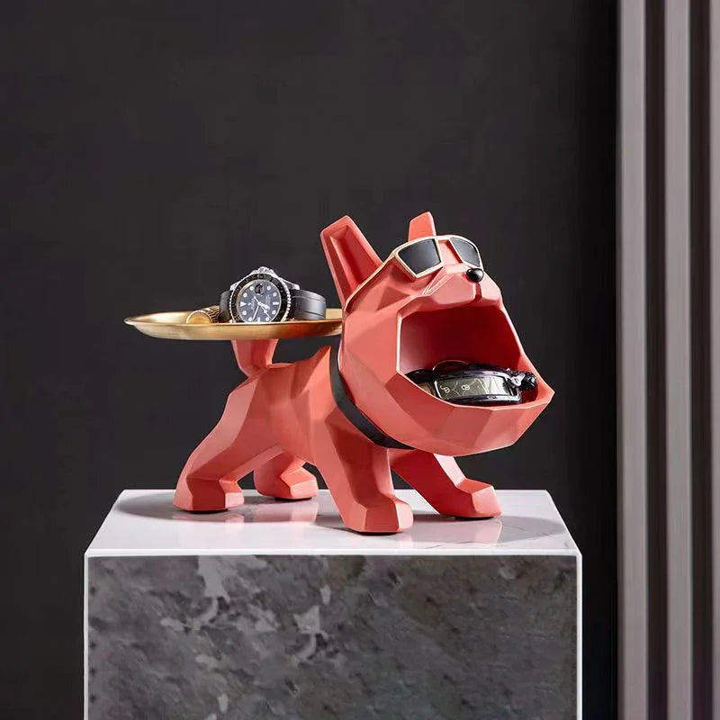 Statue de bouledogue en résine, avec plateau, pour rangement de clés, bijoux, décoration de maison, sculpture d'animal