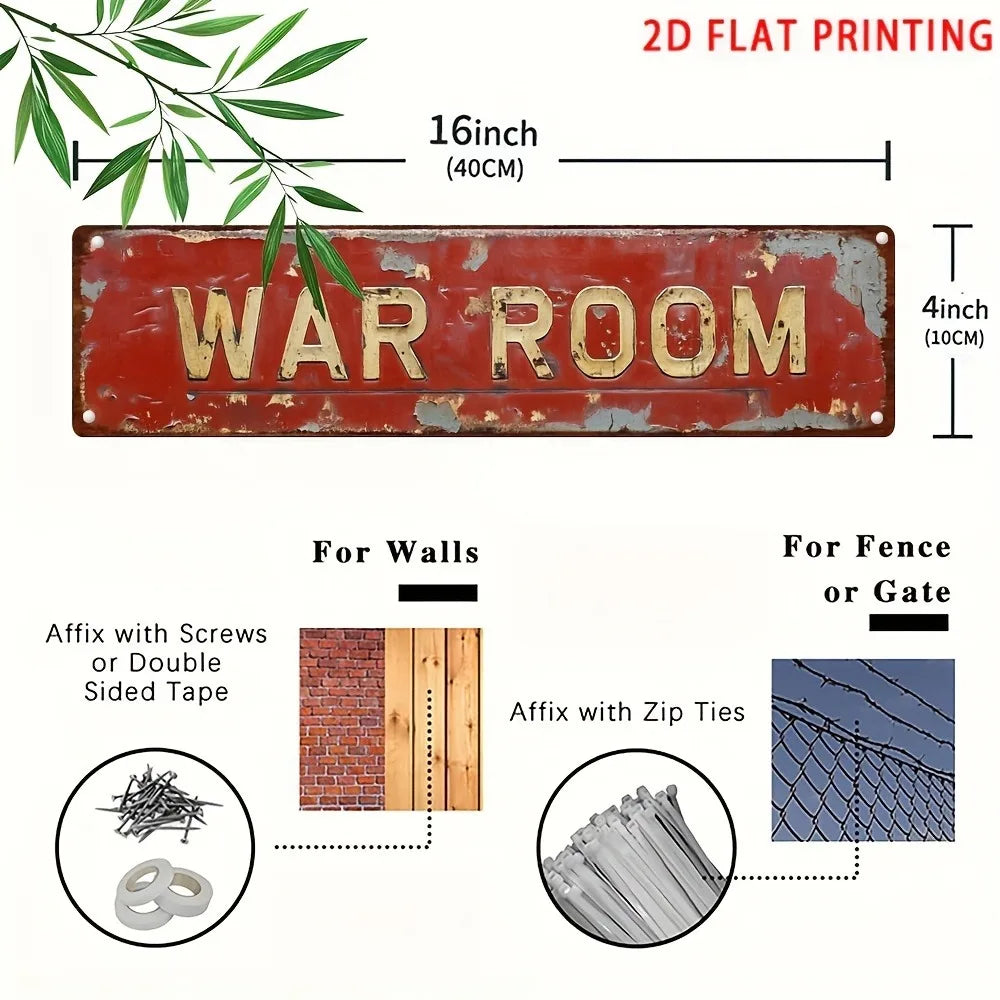 Plaque métallique décorative vintage « Retro War Room » – 10x40 cm, 2D, décor fantaisie plat, art mural pour bar, garage, ferme
