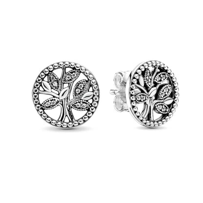 Double Hoop Family Tree Crown Earrings | 925 Sterling Silver Studs