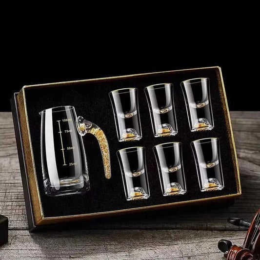 Lot de 7 verres à vin dorés en feuille d'or, petit distributeur de Bai Jiu, petite carafe à vin domestique en verre, service à vin en cristal, tasse à spiritueux