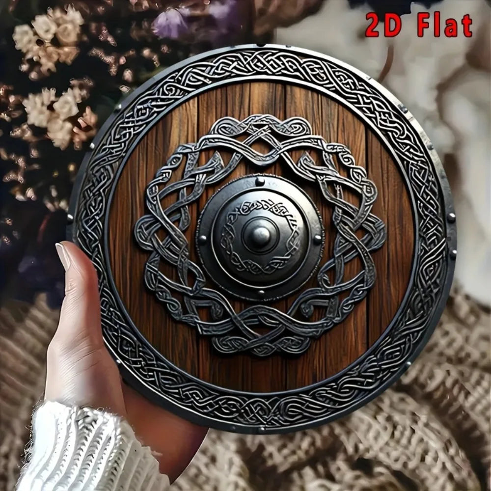 Décoration murale plate 2D en métal, bouclier Viking nordique avec nœuds celtiques, marron foncé, pour maison, bureau, bar, café