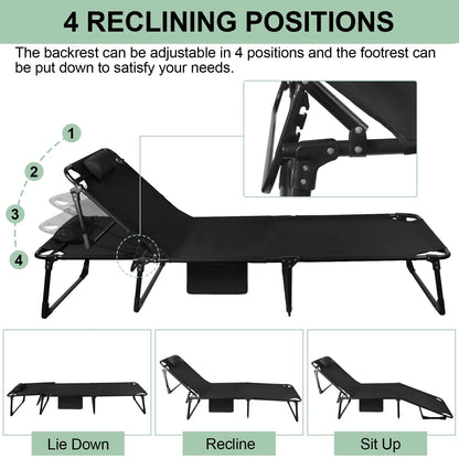 Portable Folding Camping Cot Adjustable Reclining Lounge Chair with Pillow