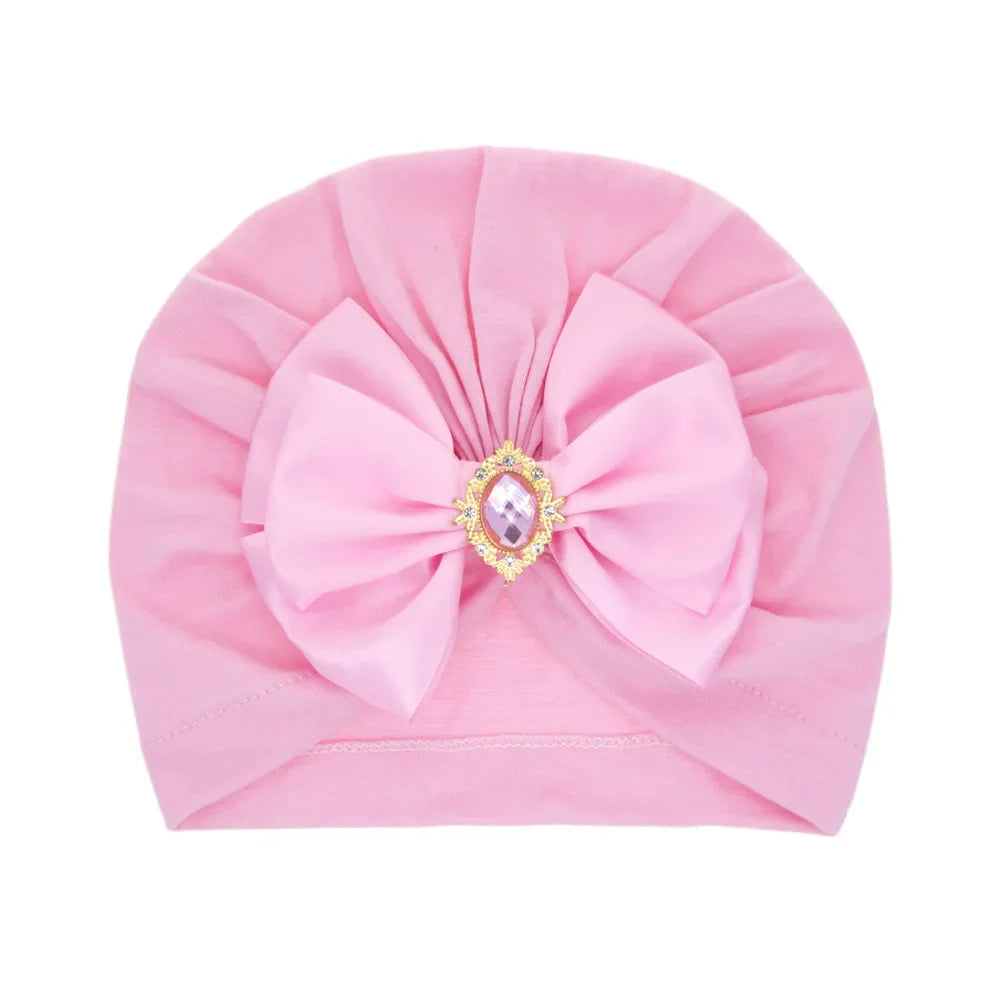 Solid Color Baby Turban Bow Beanie with Rhinestone | Handmade Infant Cap for Girls 0-2 Years