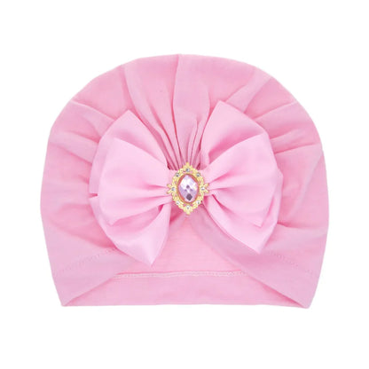 Solid Color Baby Turban Bow Beanie with Rhinestone | Handmade Infant Cap for Girls 0-2 Years