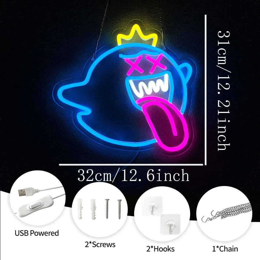 Enseigne néon LED fantôme, lumière décorative murale rétro arcade, alimentée par USB, utilisée pour la décoration de bars, clubs, salles de jeux, fêtes de famille