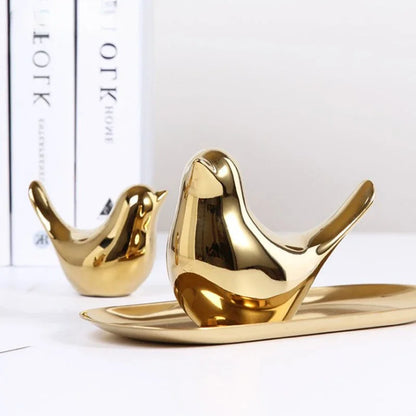 Figurines d'oiseaux en céramique dorée, modernes et luxueuses, accessoires de décoration intérieure, figurines d'oiseaux dorées décoratives, ornements de mariage