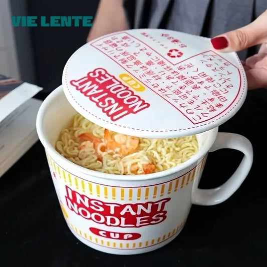 1 ud. Bol de cerámica de gran capacidad para fideos instantáneos con tapa, perfecto para dormitorios y cocinas domésticas - Mantiene tus fideos frescos y calientes