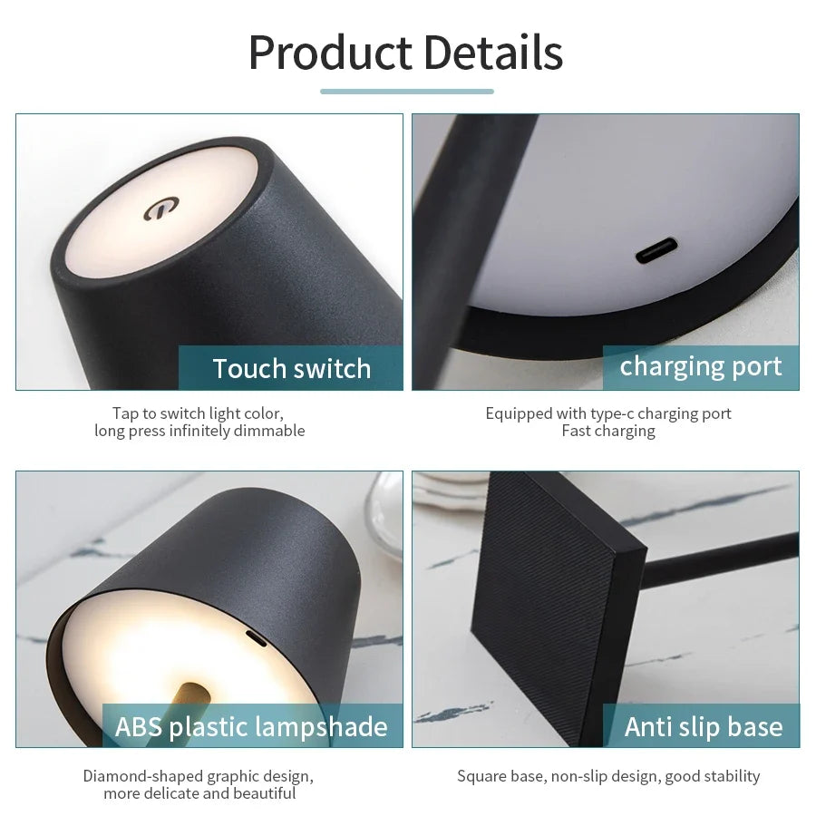 LED Table Lamp | 3 Level Dimmable Wireless Touch Desk Light USB Rechargeable Lamp