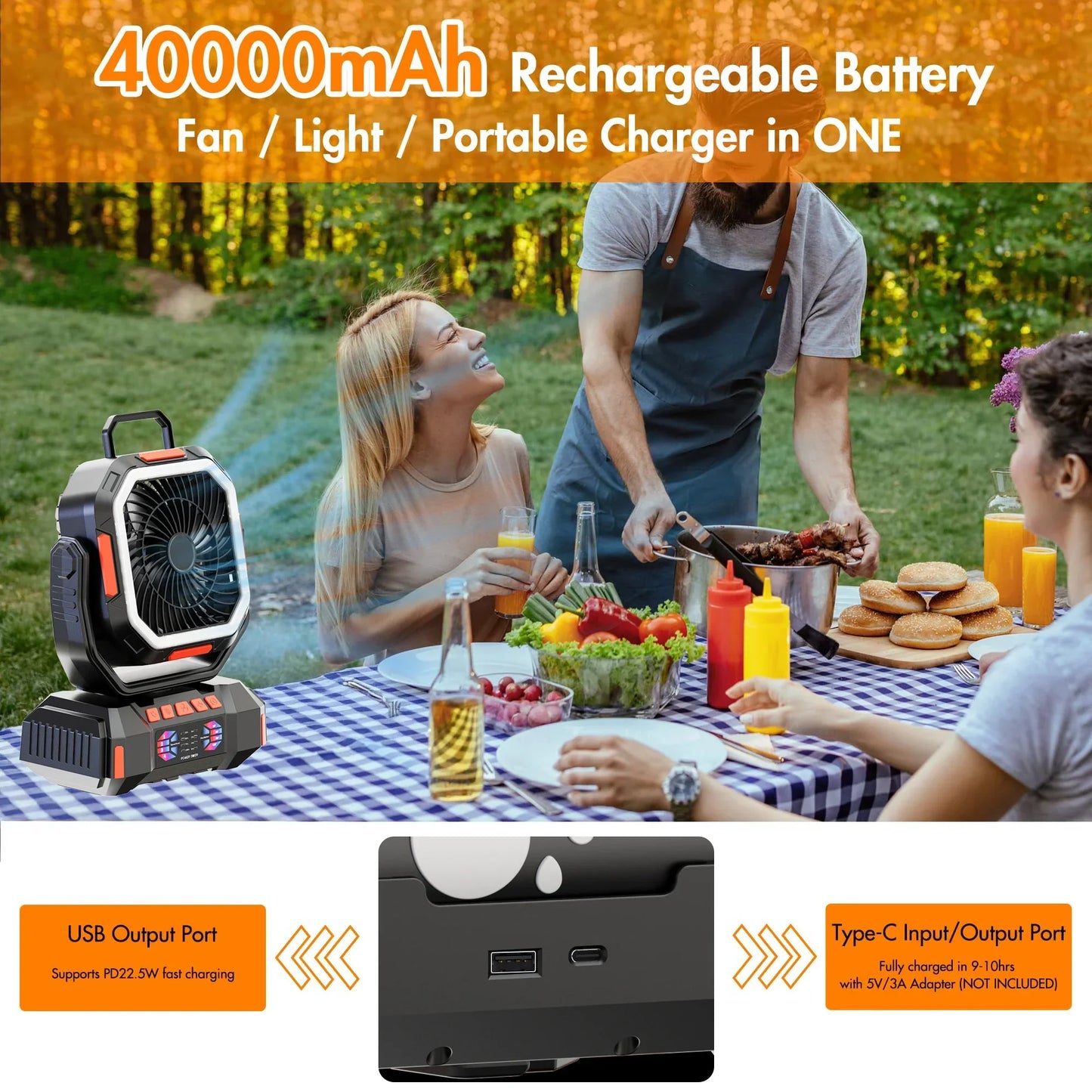 Outdoor Companion | Rechargeable Camping Fan with LED Light & Power Bank | Portable Battery Fan for Ultimate Outdoor Comfort