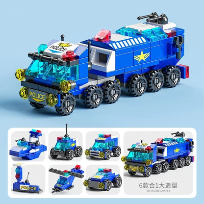 City Fire Car Building Blocks Set | 6-in-1 Police Truck, Engineering Crane, Tank & Helicopter Toys for Kids