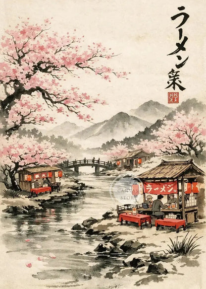 Japanese Ink Painting Landscape Spring Cherry Blossoms Canvas Print Asian Style Wall Art Poster for Living Room Home Decor Gift
