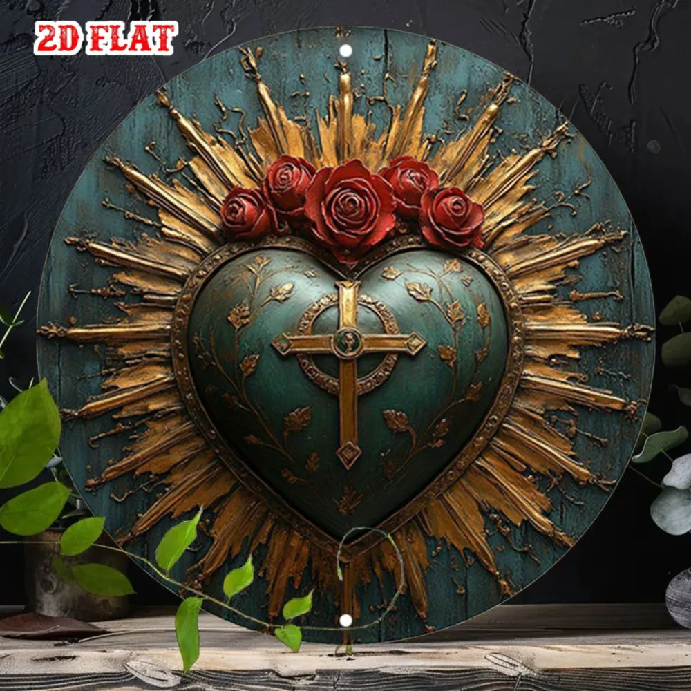 Panneau rond en aluminium Cœur Sacré religieux - 7,87" Décor rustique Roses et Croix, Art mural pour maison ou café