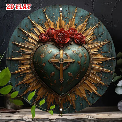 Panneau rond en aluminium Cœur Sacré religieux - 7,87" Décor rustique Roses et Croix, Art mural pour maison ou café