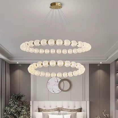 Alabaster Ring Chandelier – Gold Beaded LED Luxury Ceiling Light