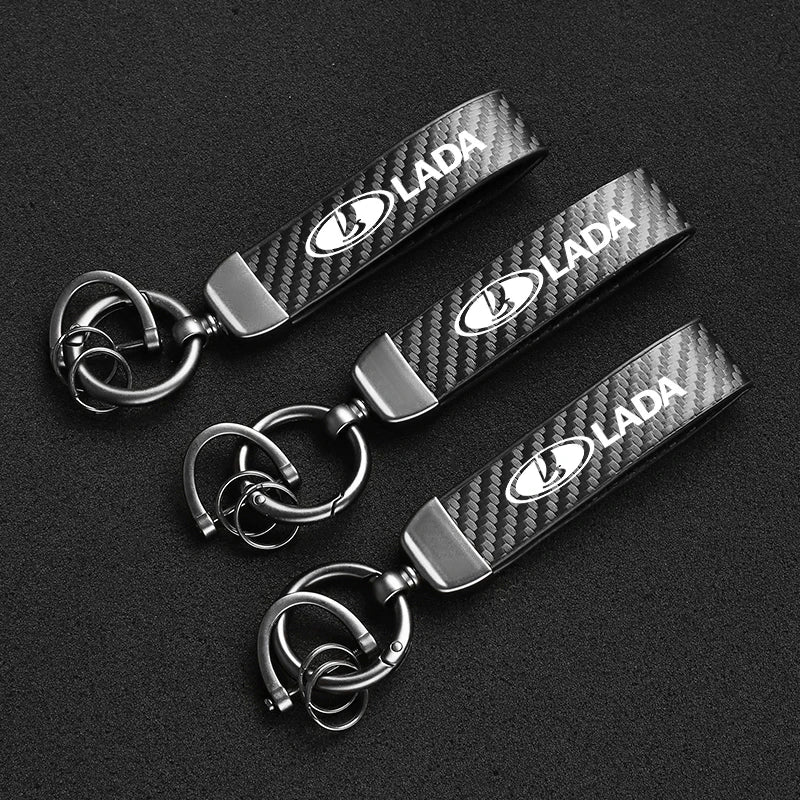 Car Carbon Fiber Style Keychain | Lada Accessory with Microfiber Leather