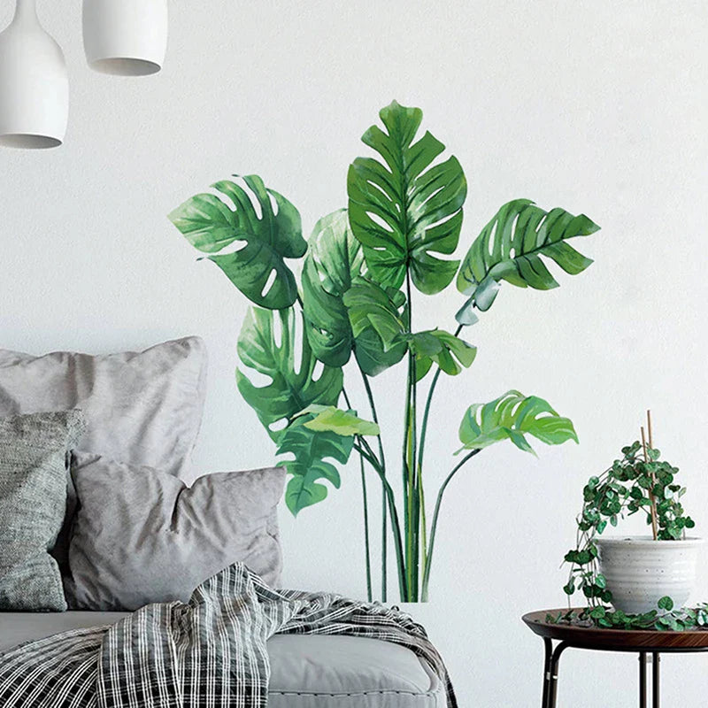 Large Tropical Green Plant Leaves Wall Stickers | Home Room Decor Palm Decal