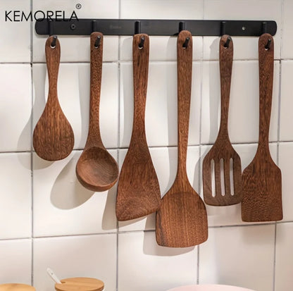 5PCS Cuchara de Cocina de Teca de Tailandia Herramienta de Vajilla de Madera Natural Cucharón Espátula Colador de Arroz Espumadera de Sopa Utensilios