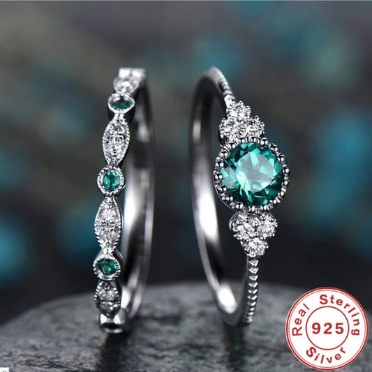 925 Sterling Silver Ring Set with Emerald Zircon Crystals | Women's Wedding Engagement Jewelry