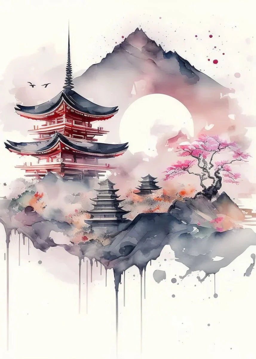 Póster japonés de flor de cerezo, montaña Fuji, puesta de sol, Tokio, lienzo impreso en HD, pintura artística de pared, imágenes, decoración del hogar