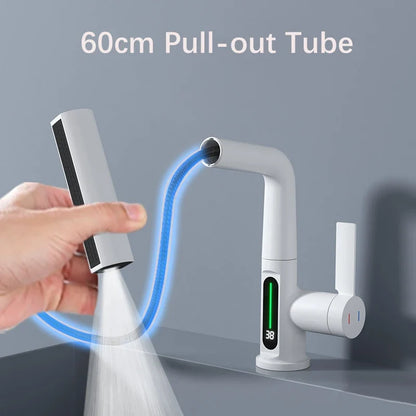 Pull Out Waterfall Kitchen Faucet Digital Display Hot Cold Mixer Sink Tap