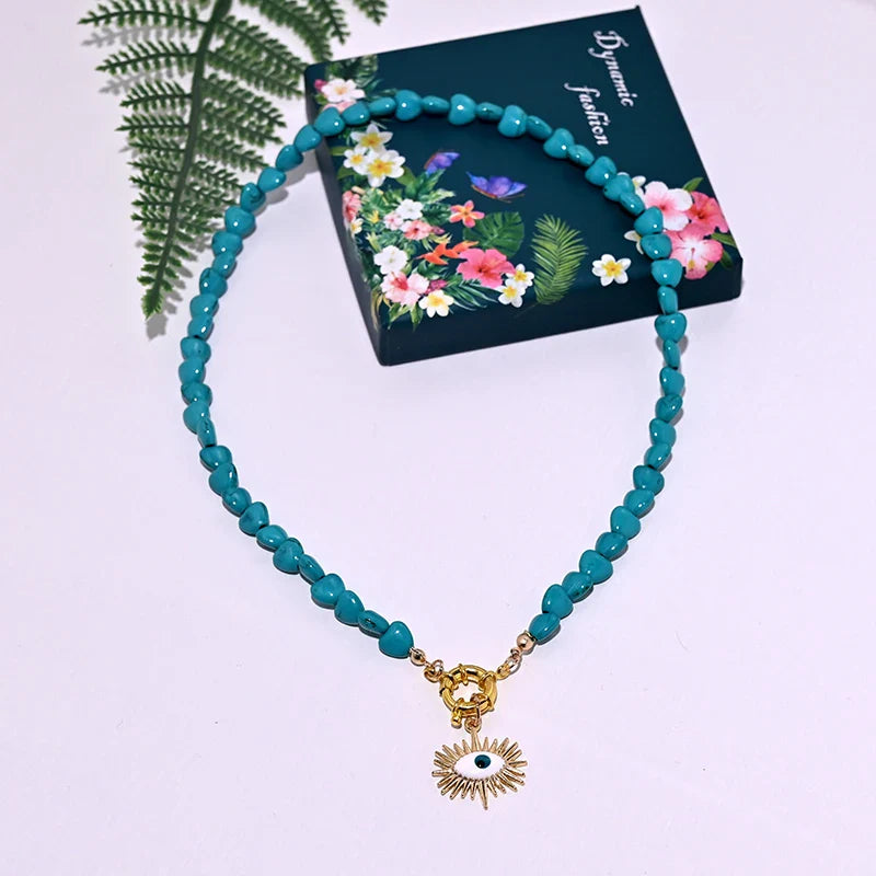 Heart Choker Necklace with Colorful Beads | Bohemian Eye Pendant Set for Women