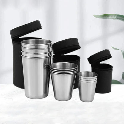 2025 Lot de 4 tasses de voyage d'extérieur en acier inoxydable, mini verres à whisky/vin avec étui, vaisselle portable 30ml/70ml/170ml