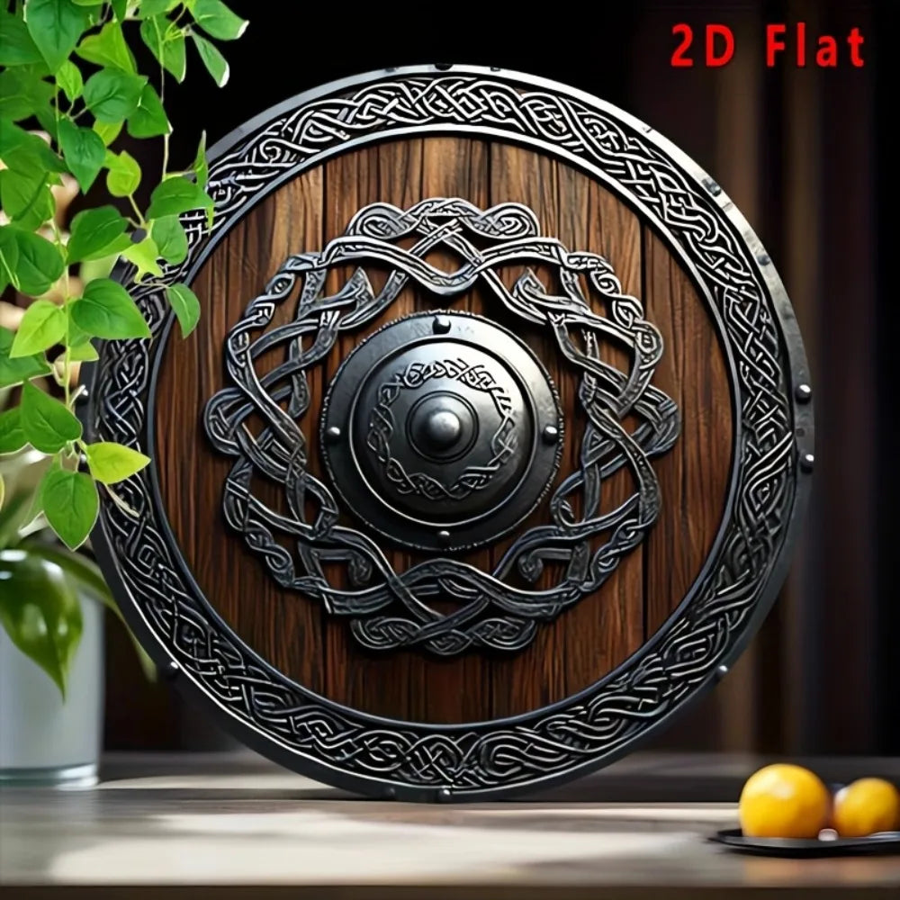 Décoration murale plate 2D en métal, bouclier Viking nordique avec nœuds celtiques, marron foncé, pour maison, bureau, bar, café