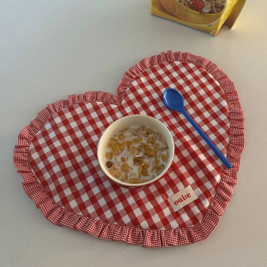 Sets de table nappe coréenne à carreaux en forme de cœur, sous-verre, tapis de tasse d'eau, joli napperon en dentelle plissée, sous-verre en tissu, tapis de salle à manger