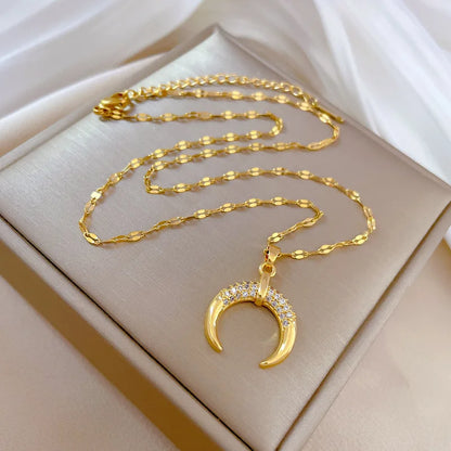 Stainless Steel Crescent Moon Pendant Necklace | Vintage Gold Choker Jewelry for Women