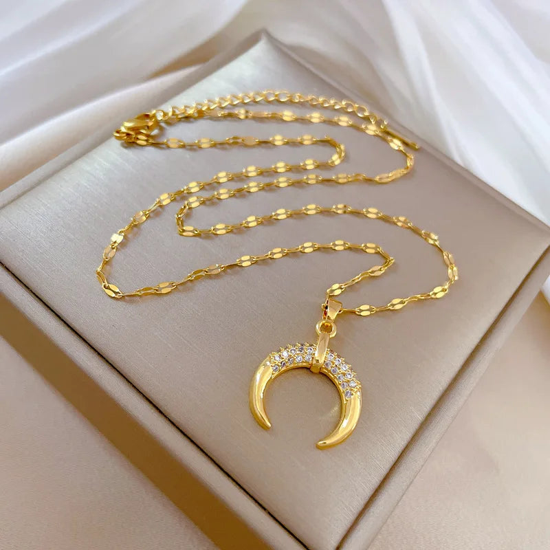 Crescent Moon Pendant Necklace | Vintage Stainless Steel Choker for Women