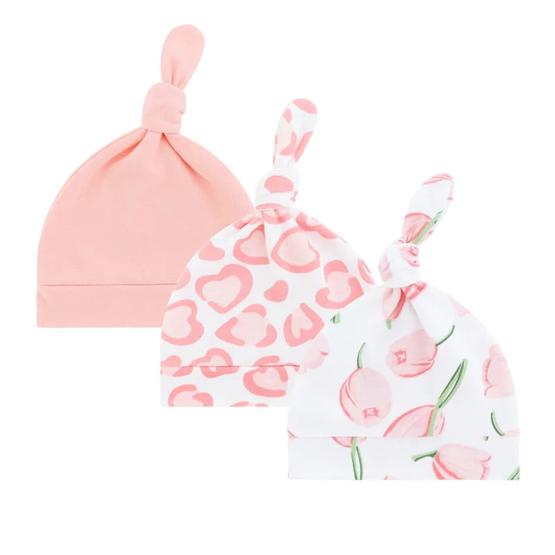 3Pcs Newborn Cotton Baby Beanie Hat Set | Cute Cartoon Infant Caps for 0-6 Months