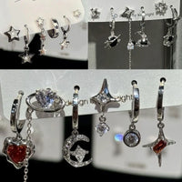 6PCS Goth Punk Vintage Aesthetic Crystal Heart Moon Cross Star Pendant Earrings Set | Grunge Y2K Jewelry