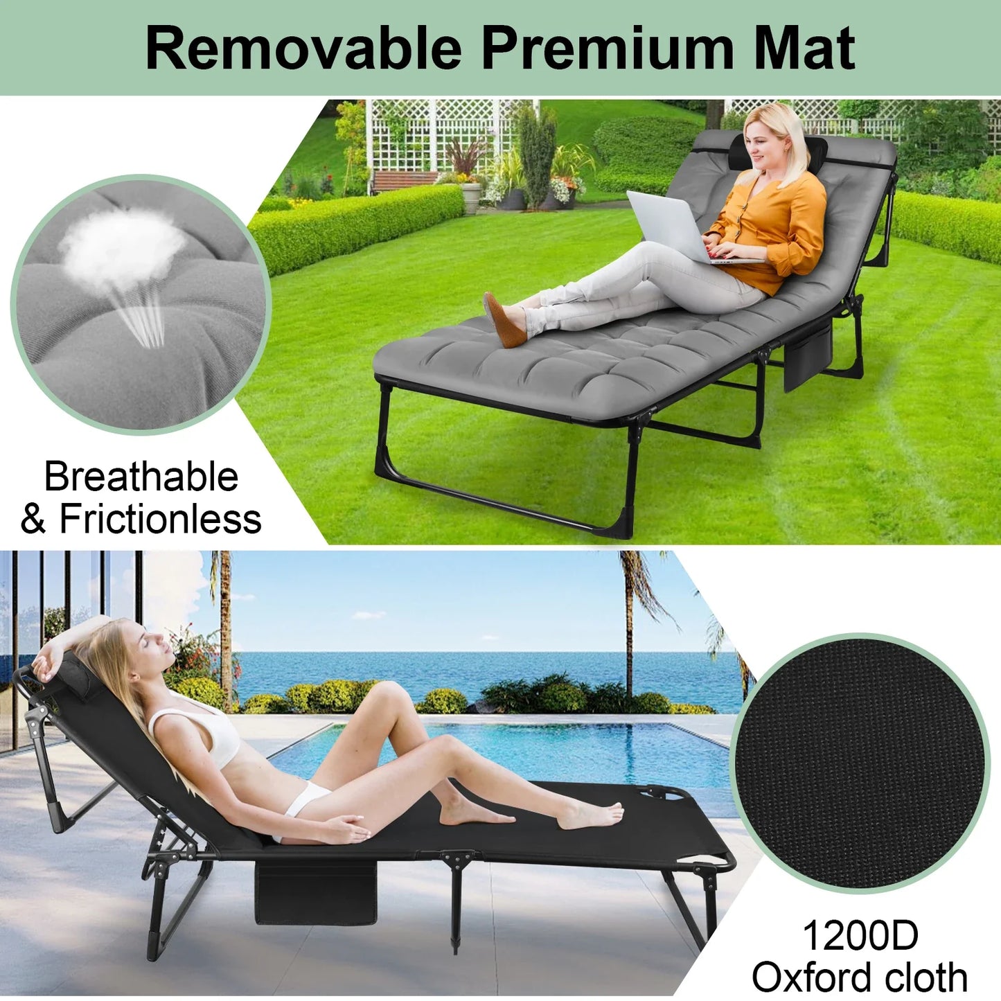 Portable Folding Camping Cot Adjustable Reclining Lounge Chair with Pillow