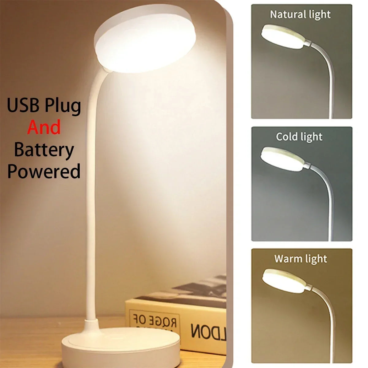 Portable LED Desk Lamp USB Battery Table Light 3-Color Stepless Dimming Eye Care