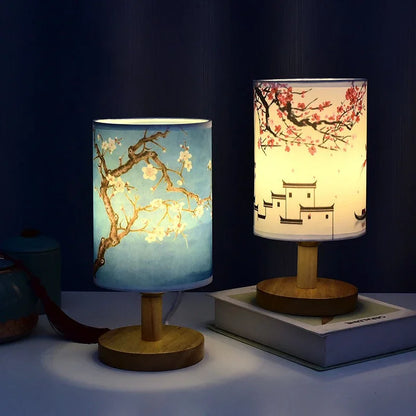 Lampe de table carrée à LED, dimmable, lampe de chevet avec abat-jour en tissu, décor de style chinois