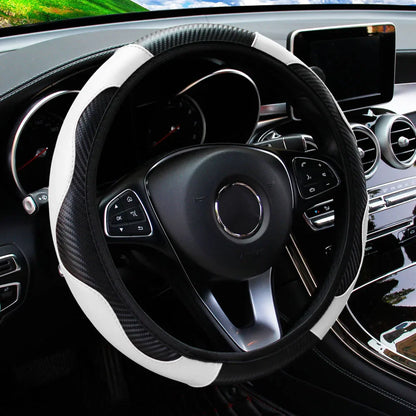 PU Carbon Fiber Leather Car Steering Wheel Cover | 14.5-15 Inch Grip Enhancer