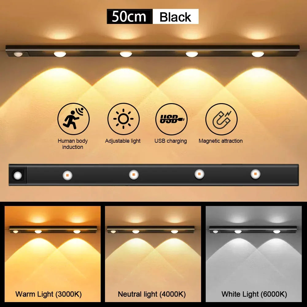 Lampe de Nuit LED Sans Fil USB à Détecteur de Mouvement pour Éclairage Sous Armoire