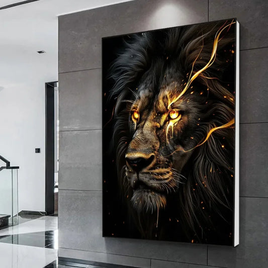 Classic Vintage Animal Wall Art Black Gold Light Coloured Lion HD Canvas Printed Poster Home Living Room Bedroom Decoration