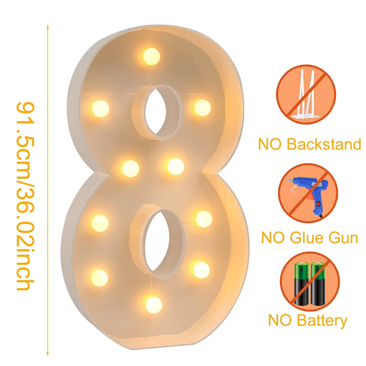 91.5cm Grande Lettre Lumineuse LED Chiffre d'Anniversaire 1er Anniversaire Mariage Baby Shower Décoration 30 40 50 Chiffre d'Anniversaire Cadre