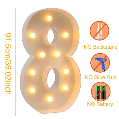 91.5cm Grande Lettre Lumineuse LED Chiffre d'Anniversaire 1er Anniversaire Mariage Baby Shower Décoration 30 40 50 Chiffre d'Anniversaire Cadre